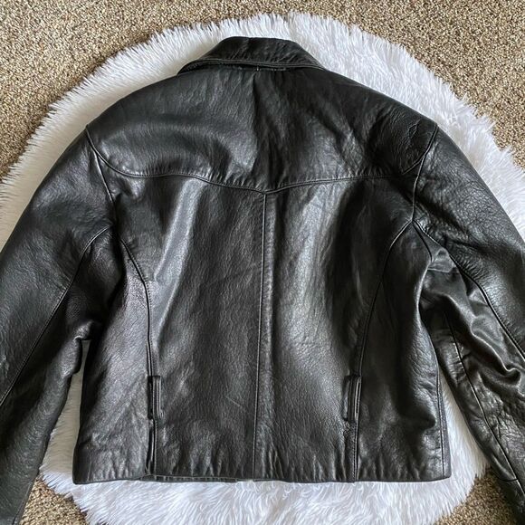 Express Genuine Leather Jacket Vintage Black Moto Y2K Womens Size Medium No Belt - Picture 8 of 11